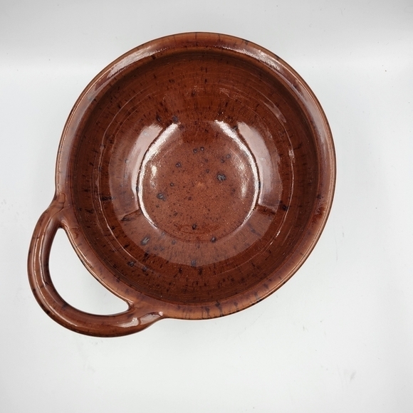 Vintage Redware Pottery Bowl with Brown Glaze & Handle - Picture 2 of 6